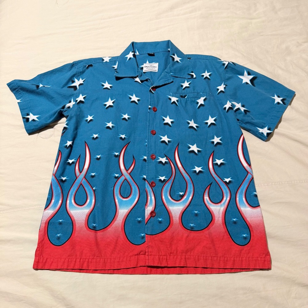 David Carey Medium Americana Flame Shirt Stars Stripes Vintage 100% Cotton Camp